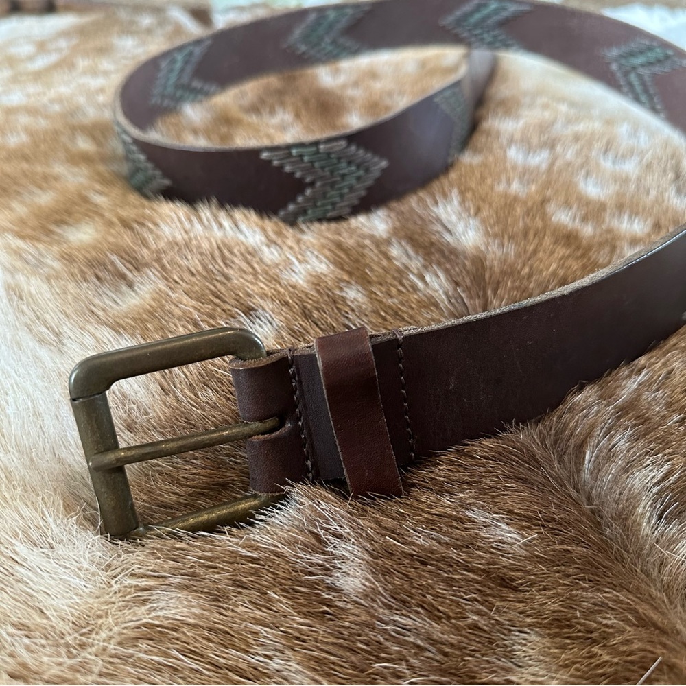 LUCKY BRAND Genuine Brown Leather Embroidered Belt Size 40